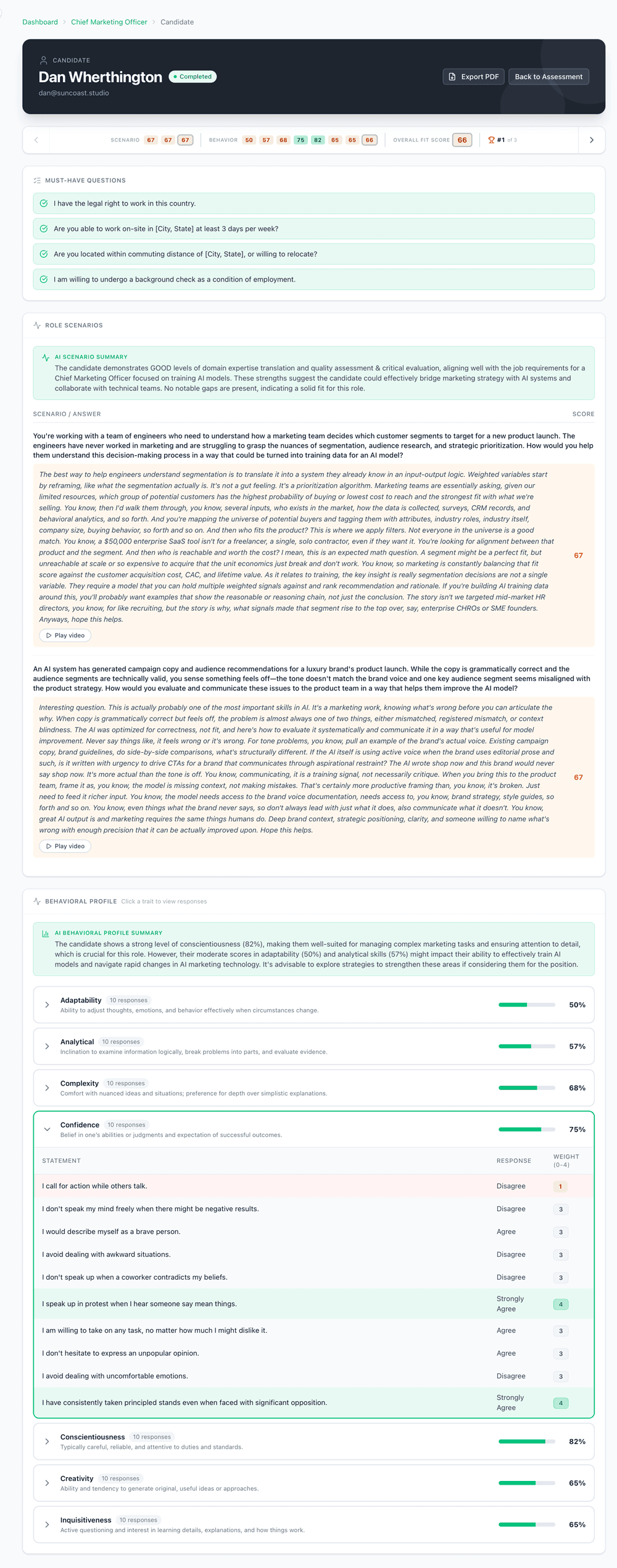 Example unified candidate report with job-fit, competency and behavioral results