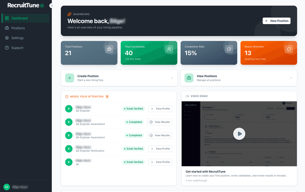 RecruitTune dashboard showing candidate screening results and a sortable shortlist